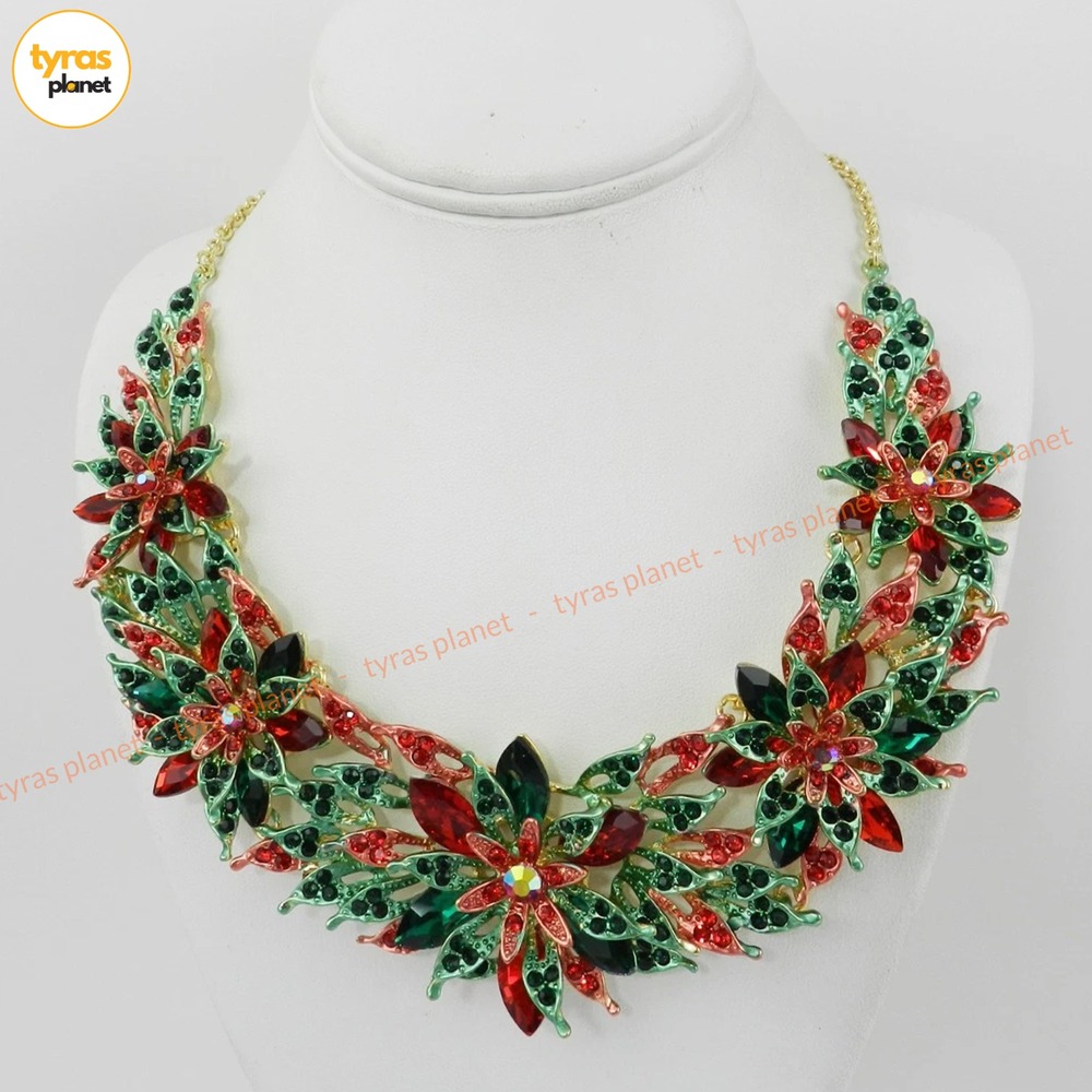 NATASHA Christmas Poinsettia Bib Statement Necklace Red Green Pave Stones NEW
